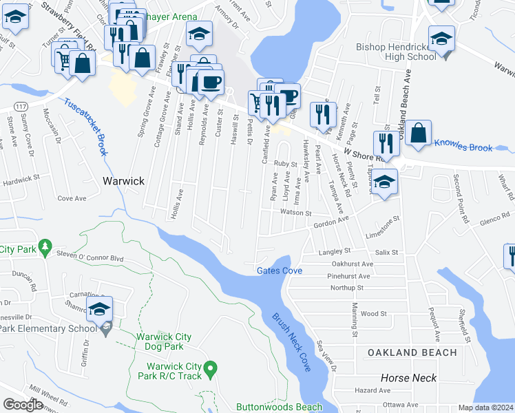 map of restaurants, bars, coffee shops, grocery stores, and more near 145 Canfield Avenue in Warwick