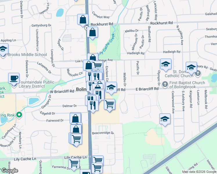 map of restaurants, bars, coffee shops, grocery stores, and more near 101 Enclave Circle in Bolingbrook