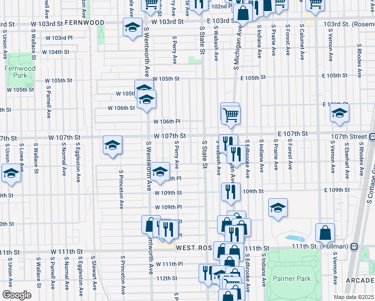 map of restaurants, bars, coffee shops, grocery stores, and more near 10743 South Lafayette Avenue in Chicago