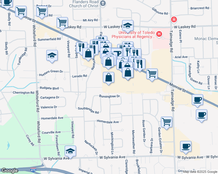 map of restaurants, bars, coffee shops, grocery stores, and more near 5225 Monroe Street in Toledo