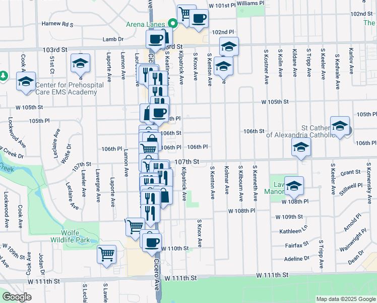 map of restaurants, bars, coffee shops, grocery stores, and more near 4624 107th Street in Oak Lawn