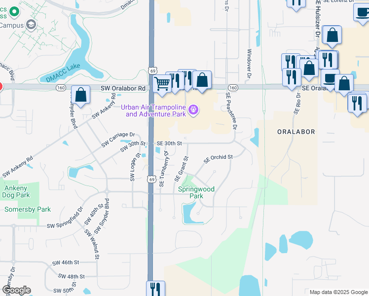 map of restaurants, bars, coffee shops, grocery stores, and more near 3009 Southeast Grant Street in Ankeny