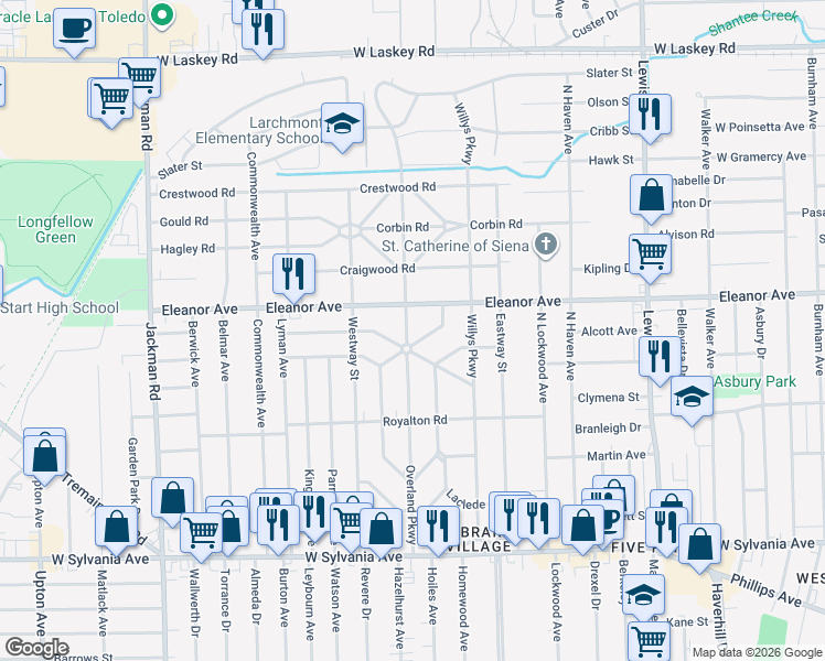 map of restaurants, bars, coffee shops, grocery stores, and more near 4365 Overland Parkway in Toledo