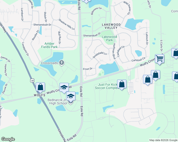 map of restaurants, bars, coffee shops, grocery stores, and more near 2465 Frost Drive in Aurora