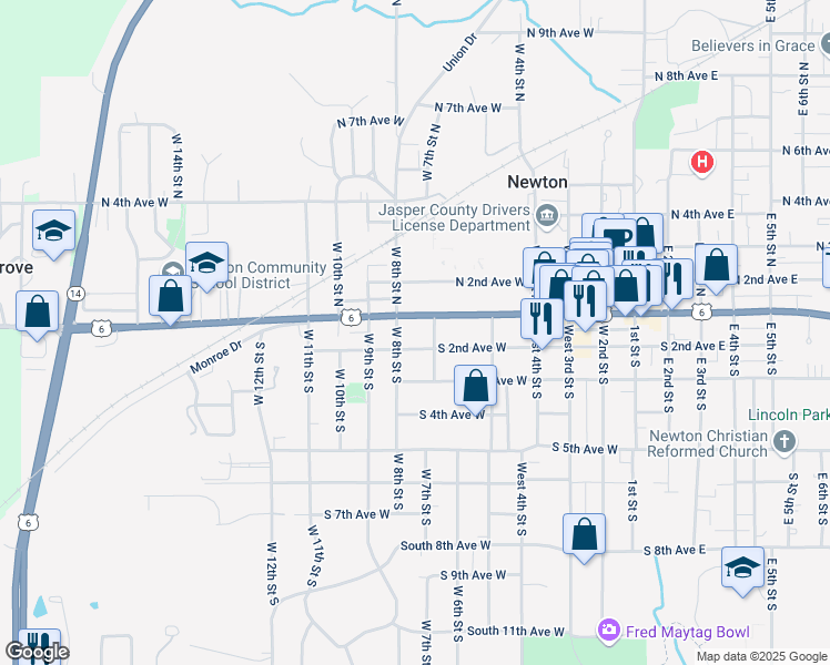 map of restaurants, bars, coffee shops, grocery stores, and more near 703 West 2nd Street South in Newton