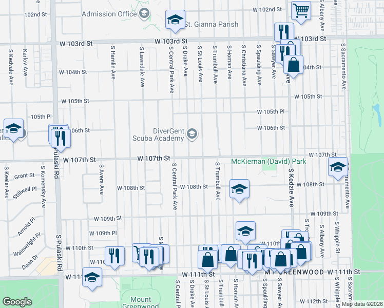 map of restaurants, bars, coffee shops, grocery stores, and more near 10705 South Drake Avenue in Chicago