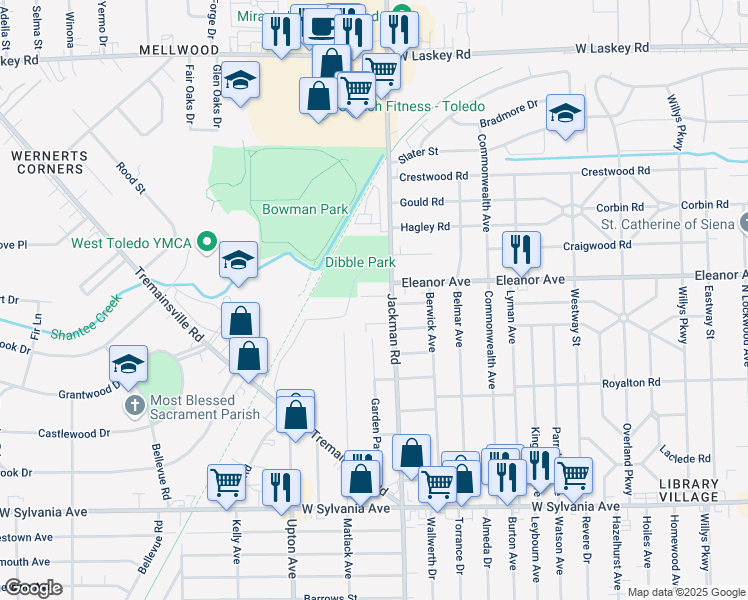 map of restaurants, bars, coffee shops, grocery stores, and more near 4435 Jackman Road in Toledo