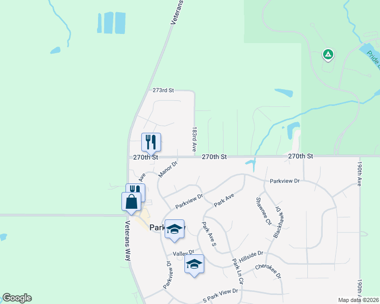 map of restaurants, bars, coffee shops, grocery stores, and more near 18250 270th Street in Eldridge