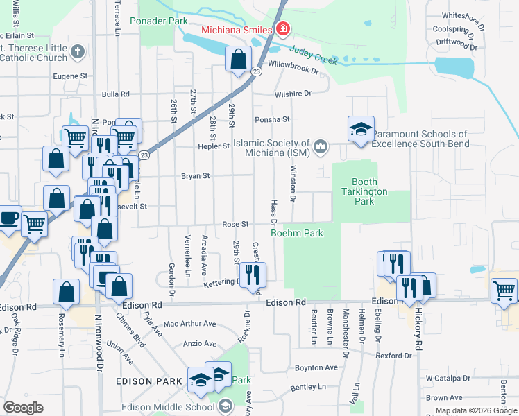 map of restaurants, bars, coffee shops, grocery stores, and more near 1704 Crestwood Boulevard in South Bend