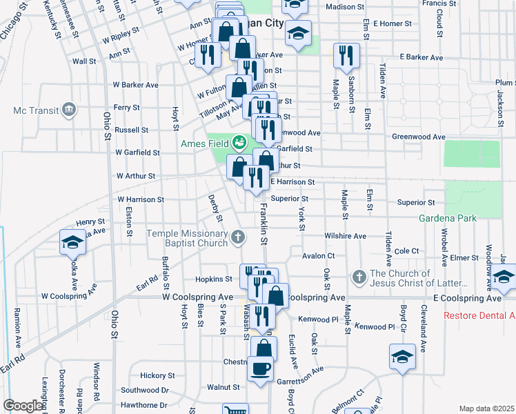 map of restaurants, bars, coffee shops, grocery stores, and more near 100-198 Dewolfe St in Michigan City