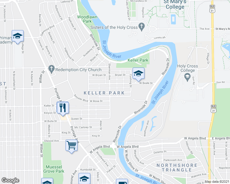 map of restaurants, bars, coffee shops, grocery stores, and more near 933 Roosevelt Street in South Bend