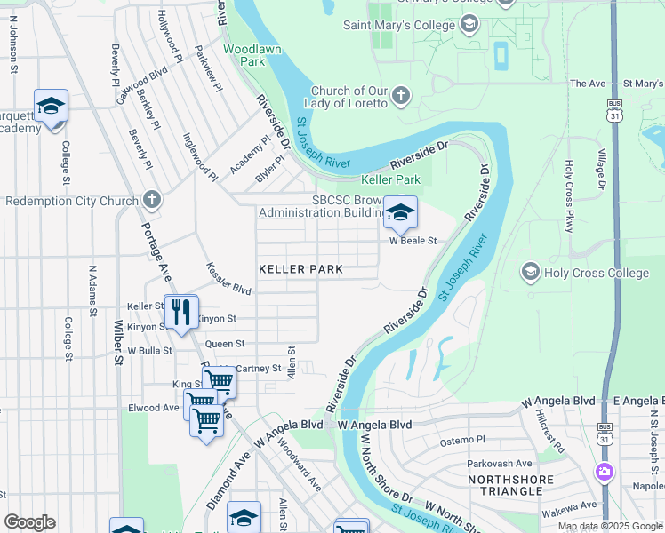 map of restaurants, bars, coffee shops, grocery stores, and more near Roosevelt Street in South Bend