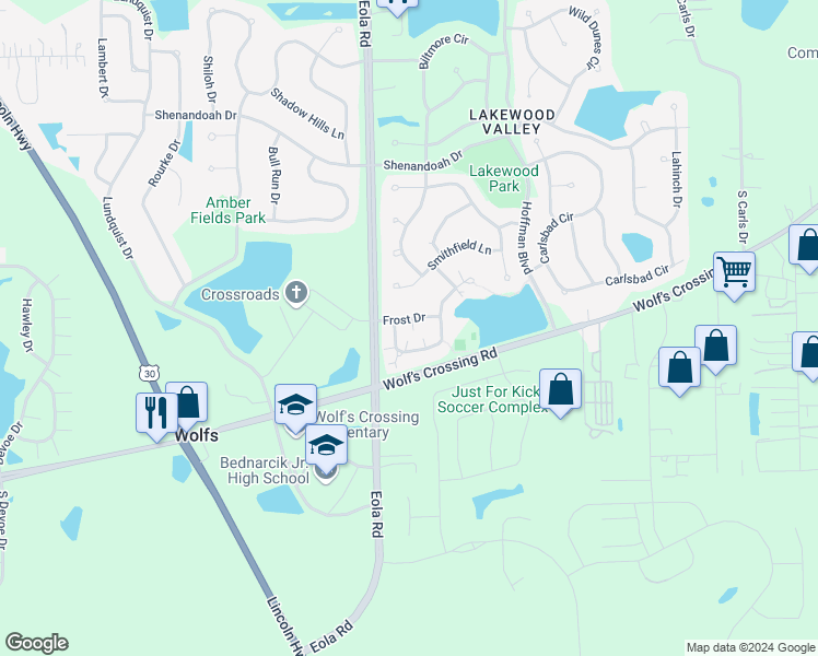 map of restaurants, bars, coffee shops, grocery stores, and more near 2463 Frost Drive in Aurora