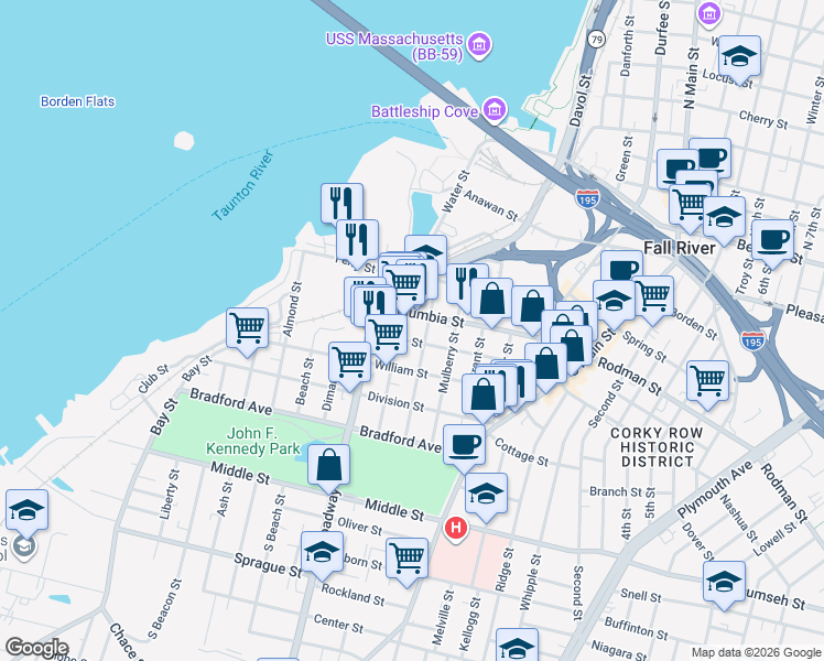 map of restaurants, bars, coffee shops, grocery stores, and more near 154 Eagle Street in Fall River