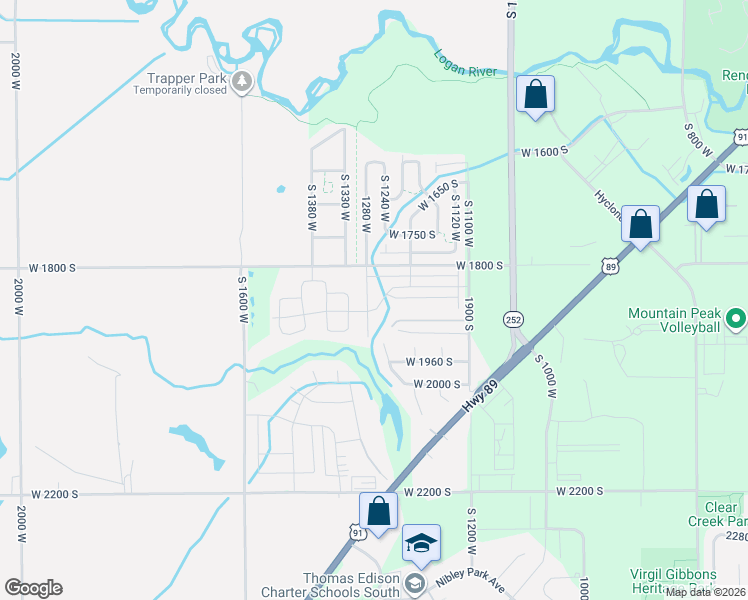 map of restaurants, bars, coffee shops, grocery stores, and more near 1862 South 1280 West in Logan