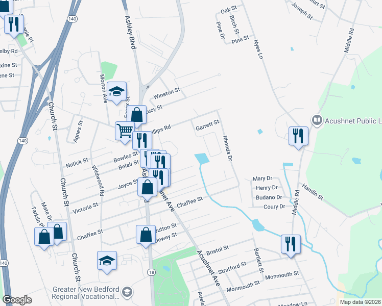 map of restaurants, bars, coffee shops, grocery stores, and more near 919 Victoria Street in New Bedford