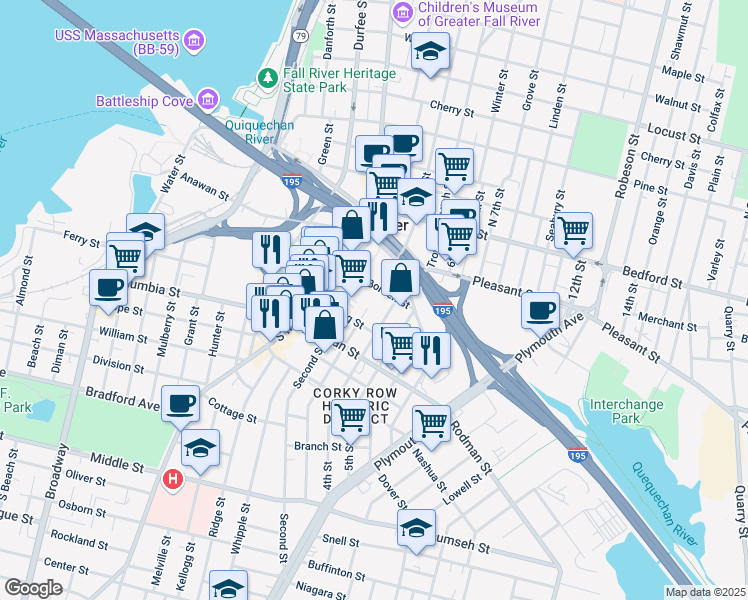 map of restaurants, bars, coffee shops, grocery stores, and more near 252 Third Street in Fall River
