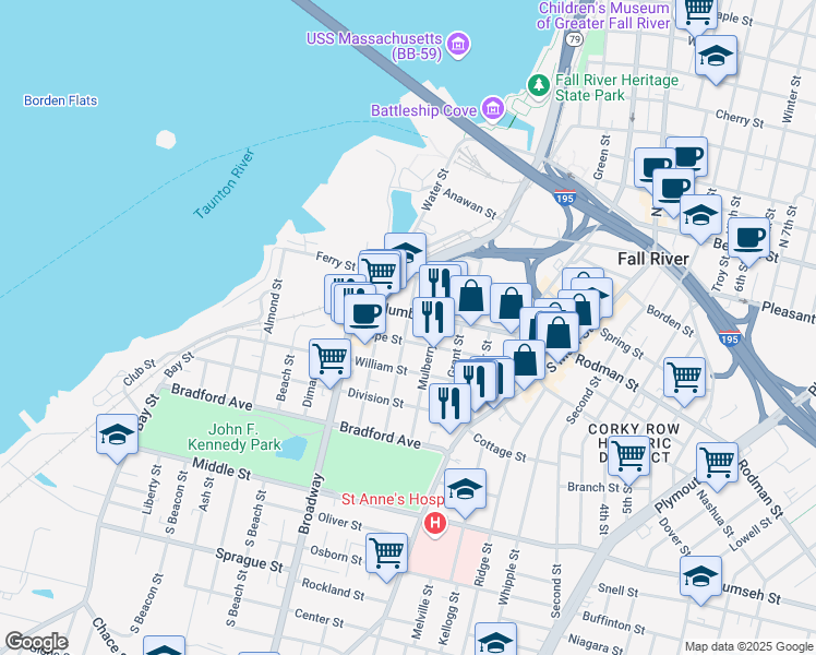 map of restaurants, bars, coffee shops, grocery stores, and more near 257 Hope Street in Fall River