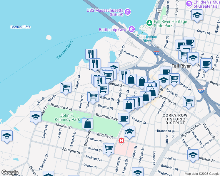 map of restaurants, bars, coffee shops, grocery stores, and more near 154 Eagle Street in Fall River