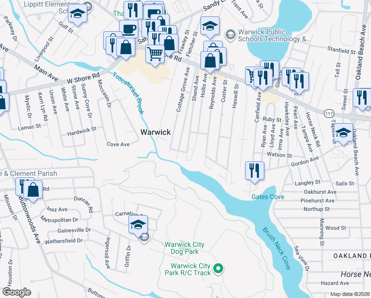 map of restaurants, bars, coffee shops, grocery stores, and more near 203 Shand Avenue in Warwick