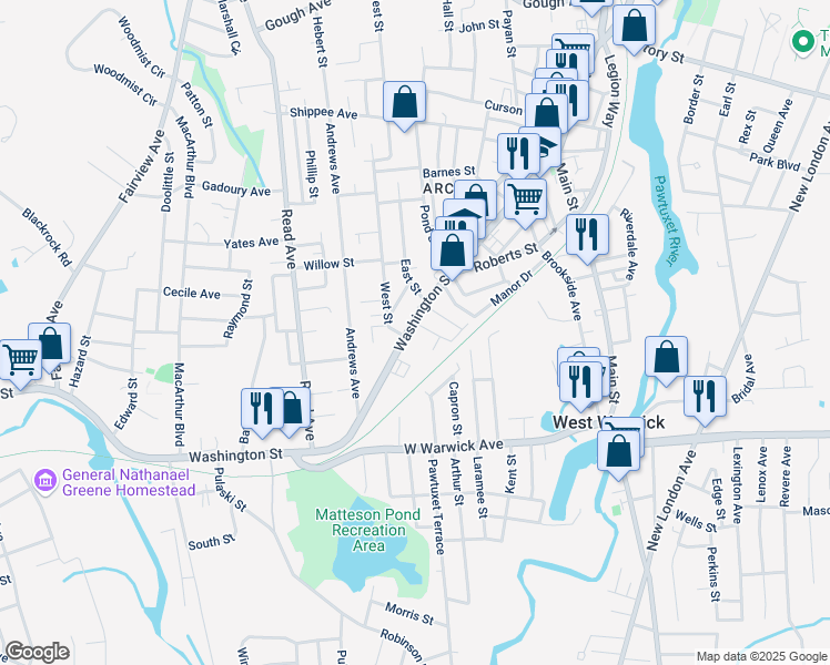 map of restaurants, bars, coffee shops, grocery stores, and more near 325 Rhode Island 33 in West Warwick