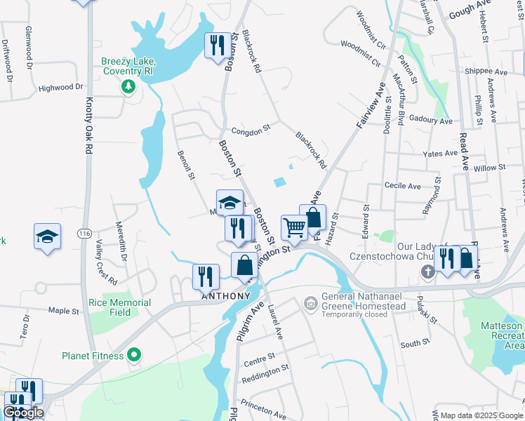 map of restaurants, bars, coffee shops, grocery stores, and more near 21 Boston Street in Coventry