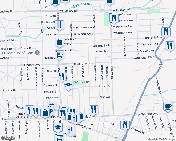 map of restaurants, bars, coffee shops, grocery stores, and more near 4405 Vermaas Avenue in Toledo
