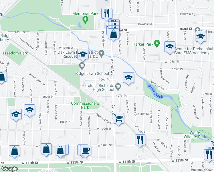 map of restaurants, bars, coffee shops, grocery stores, and more near 10639 Parkside Avenue in Chicago Ridge
