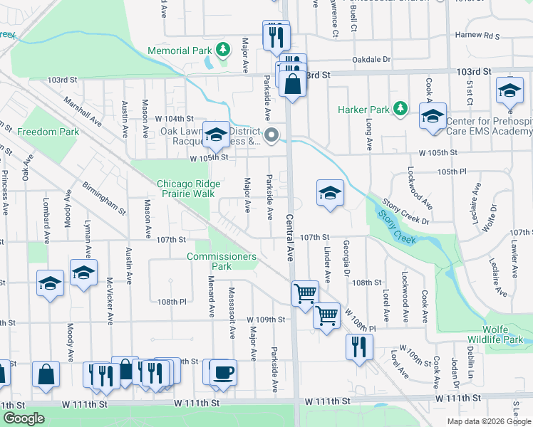 map of restaurants, bars, coffee shops, grocery stores, and more near 10639 Parkside Avenue in Chicago Ridge