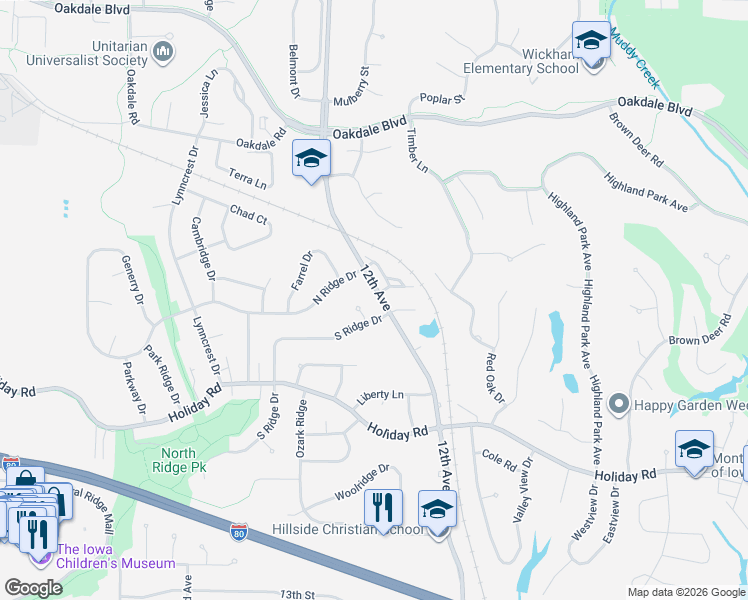 map of restaurants, bars, coffee shops, grocery stores, and more near 1800 12th Avenue in Coralville