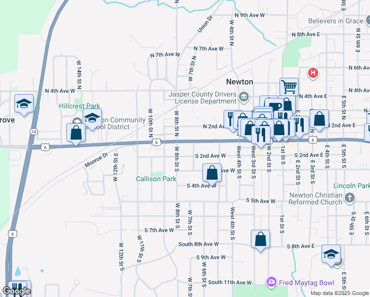 map of restaurants, bars, coffee shops, grocery stores, and more near 703 West 2nd Street South in Newton