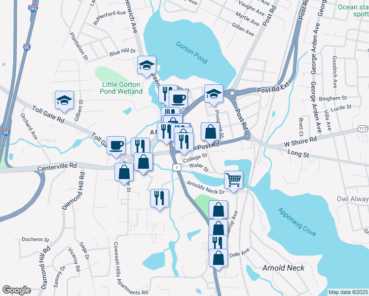 map of restaurants, bars, coffee shops, grocery stores, and more near 153 College Street in Warwick