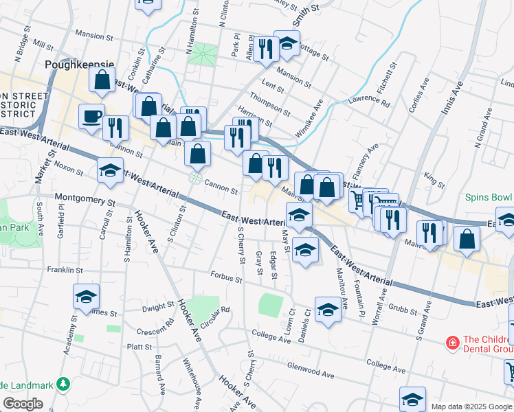 map of restaurants, bars, coffee shops, grocery stores, and more near 337 Church Street in Poughkeepsie