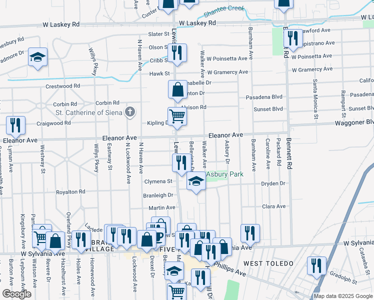 map of restaurants, bars, coffee shops, grocery stores, and more near 4409 Bellevista Drive in Toledo