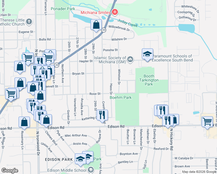 map of restaurants, bars, coffee shops, grocery stores, and more near 1704 Crestwood Boulevard in South Bend