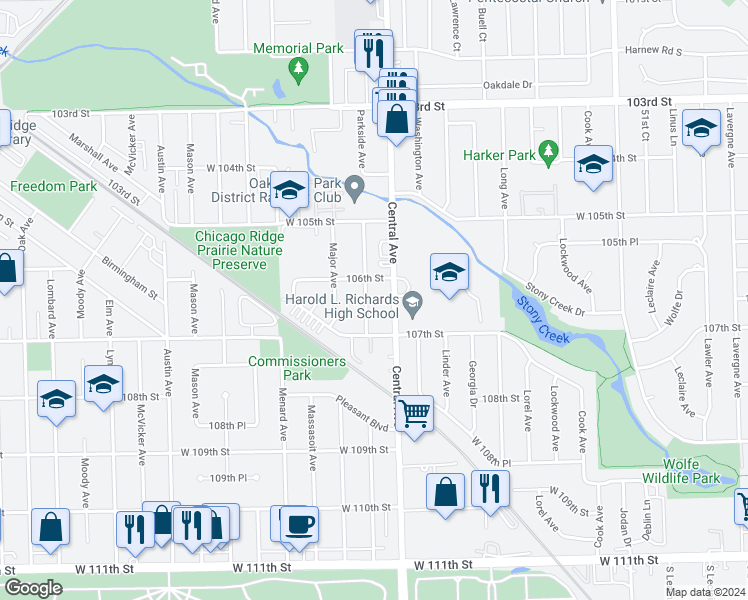 map of restaurants, bars, coffee shops, grocery stores, and more near 10609 Parkside Avenue in Chicago Ridge