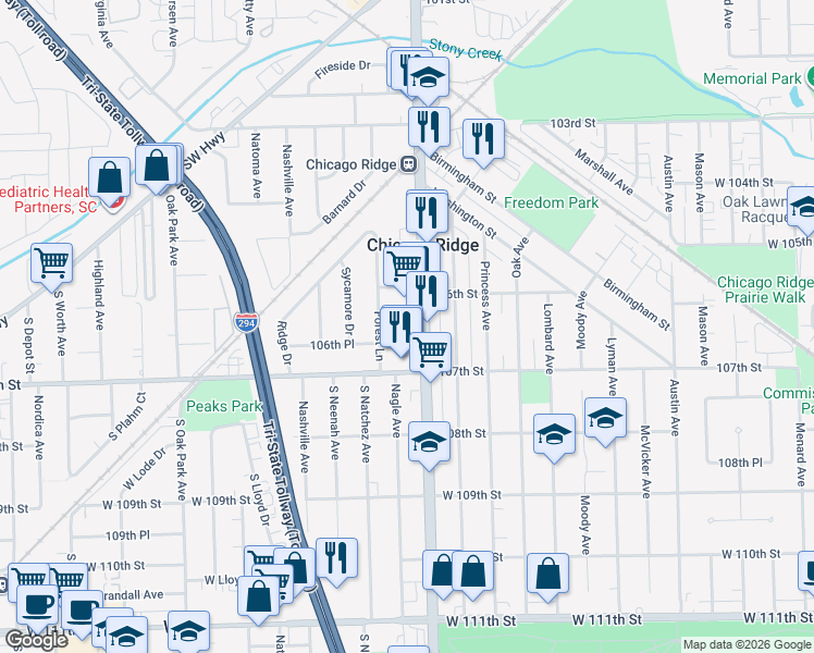 map of restaurants, bars, coffee shops, grocery stores, and more near 10652 Ridgeland Avenue in Chicago Ridge