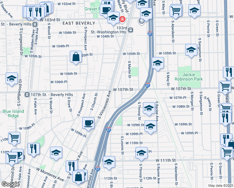 map of restaurants, bars, coffee shops, grocery stores, and more near 10713 South Glenroy Avenue in Chicago