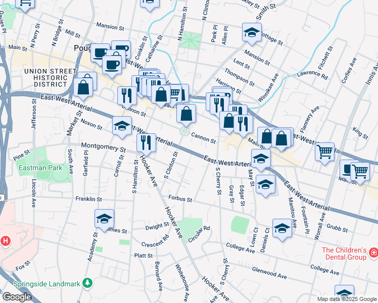 map of restaurants, bars, coffee shops, grocery stores, and more near 286 Church Street in Poughkeepsie