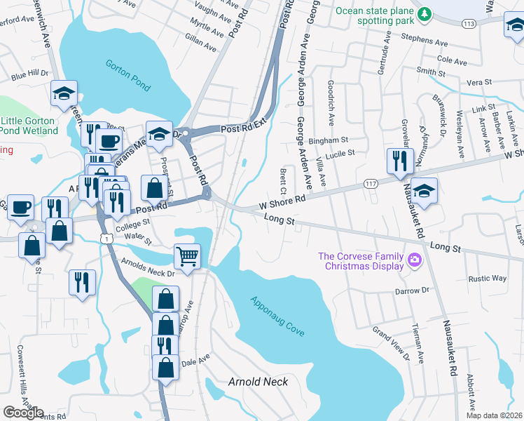map of restaurants, bars, coffee shops, grocery stores, and more near 3590 West Shore Road in Warwick