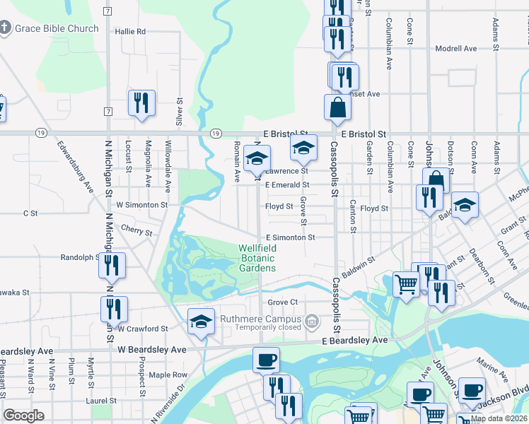 map of restaurants, bars, coffee shops, grocery stores, and more near 1224 N Main St in Elkhart