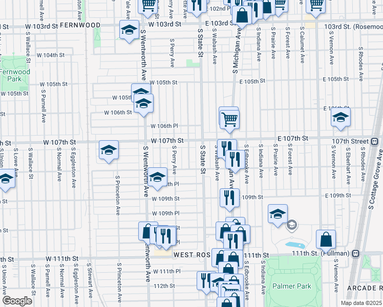 map of restaurants, bars, coffee shops, grocery stores, and more near 10729 South Lafayette Avenue in Chicago