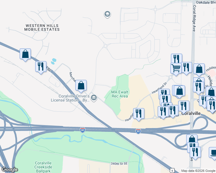 map of restaurants, bars, coffee shops, grocery stores, and more near 2332 Liberty Drive in Coralville