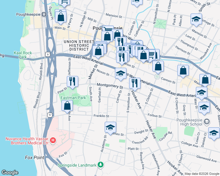 map of restaurants, bars, coffee shops, grocery stores, and more near 94 Academy Street in Poughkeepsie
