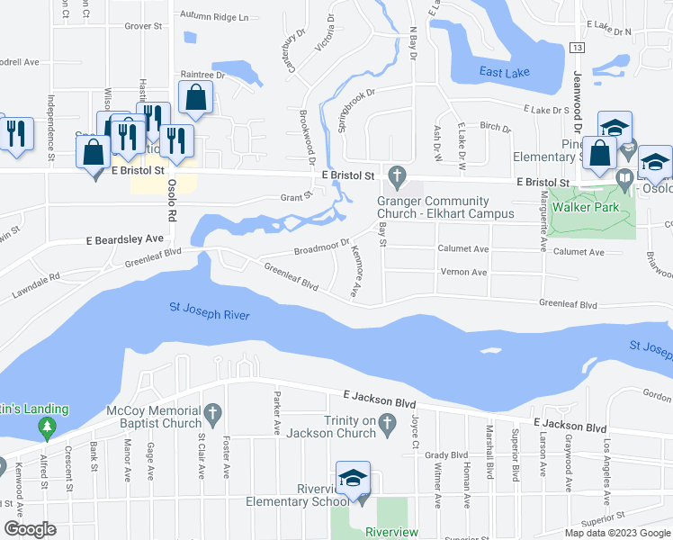 map of restaurants, bars, coffee shops, grocery stores, and more near 1203 Worthmore Avenue in Elkhart