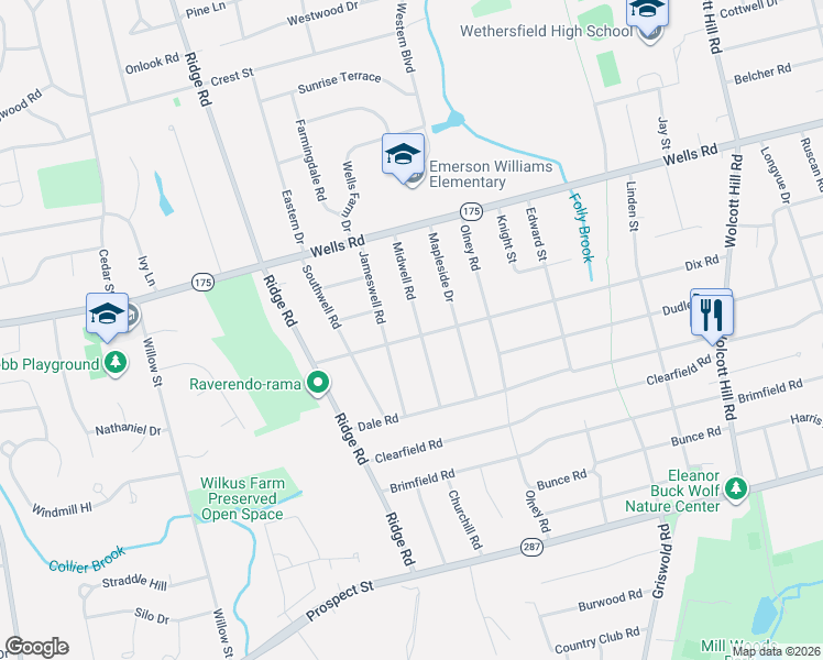 map of restaurants, bars, coffee shops, grocery stores, and more near 96 Jameswell Road in Wethersfield