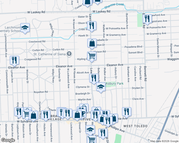 map of restaurants, bars, coffee shops, grocery stores, and more near 1016 McDonald Street in Toledo