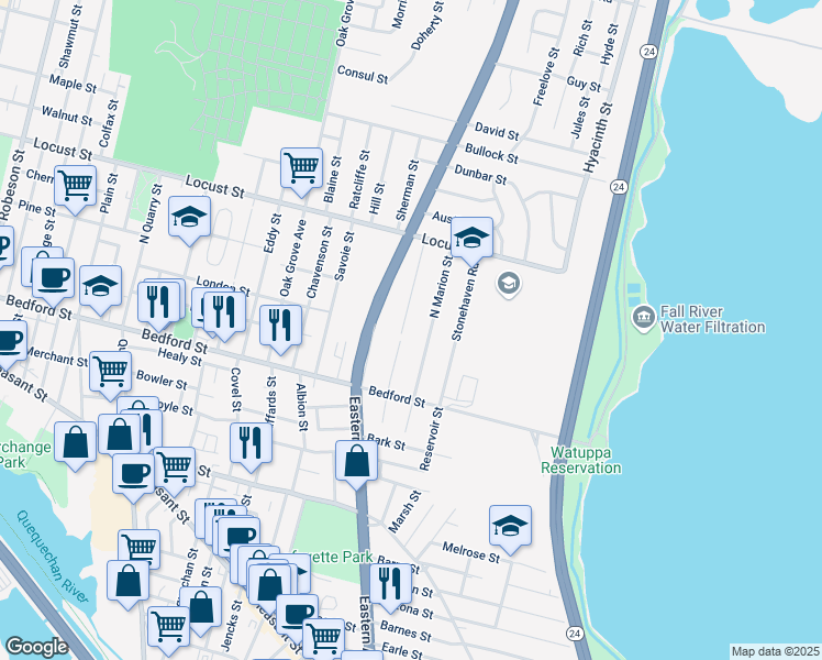 map of restaurants, bars, coffee shops, grocery stores, and more near 100 North Marion Street in Fall River