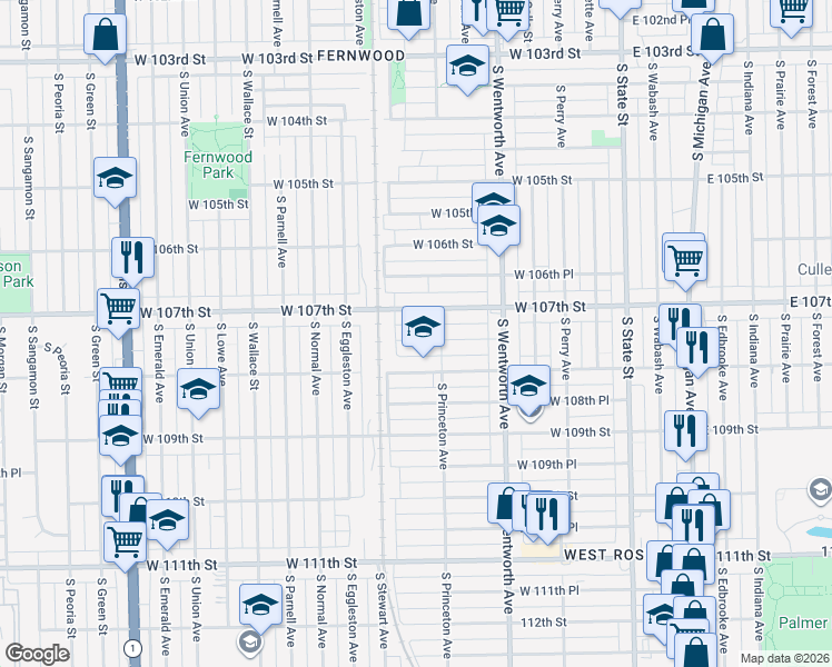 map of restaurants, bars, coffee shops, grocery stores, and more near 322 West 107th Place in Chicago