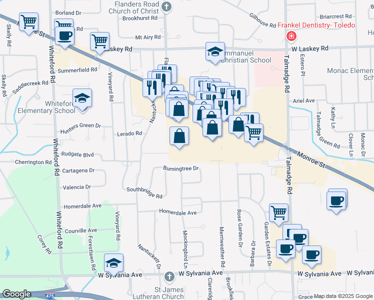 map of restaurants, bars, coffee shops, grocery stores, and more near 5225 Monroe Street in Toledo